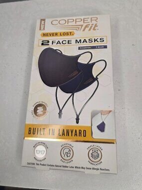 Copper Fit Never Lost Box of Two Face Masks One Size NIB